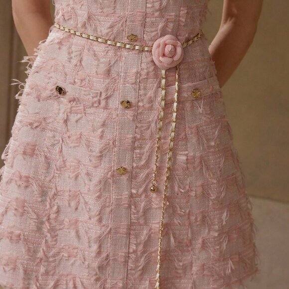 Pink Elegant Women's Tweed Button Up Dress - Picture 3 of 6